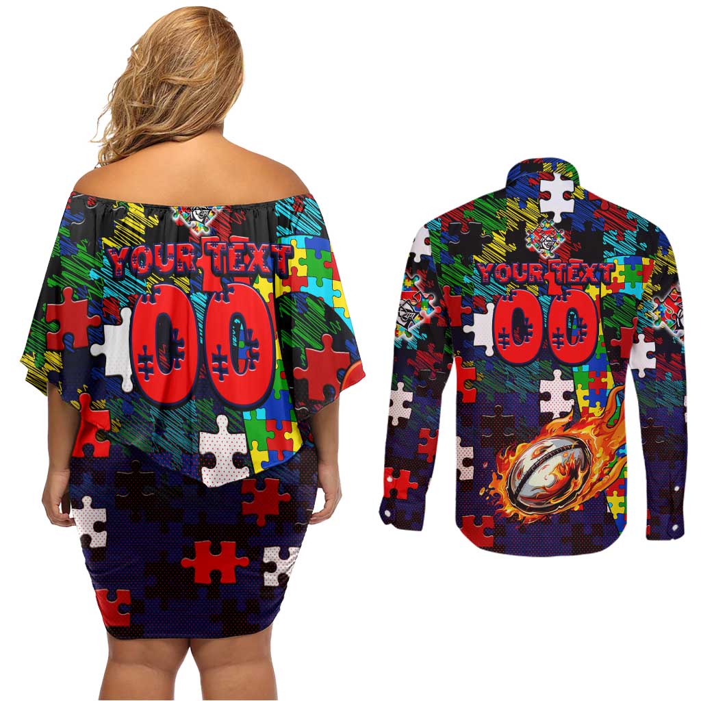 Knights Autism Awareness Couples Matching Off Shoulder Short Dress and Long Sleeve Button Shirt Puzzle Flames Rugby Ball