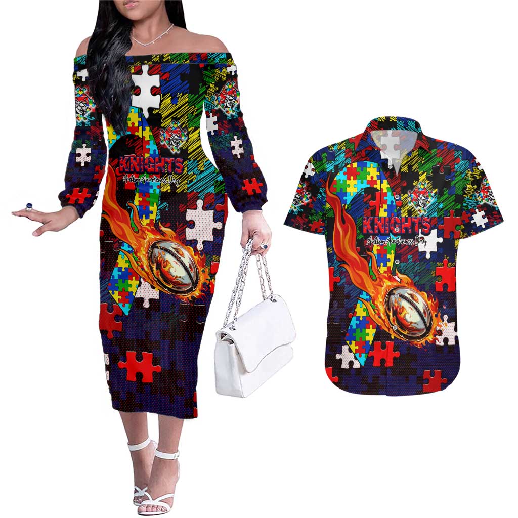 Knights Autism Awareness Couples Matching Off The Shoulder Long Sleeve Dress and Hawaiian Shirt Puzzle Flames Rugby Ball