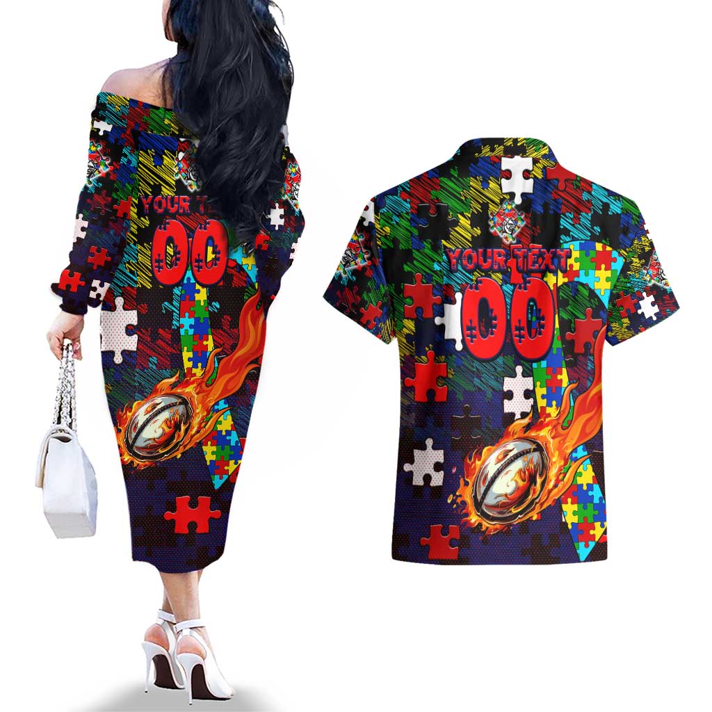 Knights Autism Awareness Couples Matching Off The Shoulder Long Sleeve Dress and Hawaiian Shirt Puzzle Flames Rugby Ball