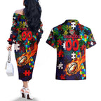 Knights Autism Awareness Couples Matching Off The Shoulder Long Sleeve Dress and Hawaiian Shirt Puzzle Flames Rugby Ball