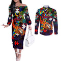 Knights Autism Awareness Couples Matching Off The Shoulder Long Sleeve Dress and Long Sleeve Button Shirt Puzzle Flames Rugby Ball