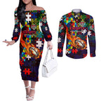 Knights Autism Awareness Couples Matching Off The Shoulder Long Sleeve Dress and Long Sleeve Button Shirt Puzzle Flames Rugby Ball