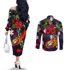 Knights Autism Awareness Couples Matching Off The Shoulder Long Sleeve Dress and Long Sleeve Button Shirt Puzzle Flames Rugby Ball