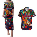 Knights Autism Awareness Couples Matching Puletasi and Hawaiian Shirt Puzzle Flames Rugby Ball