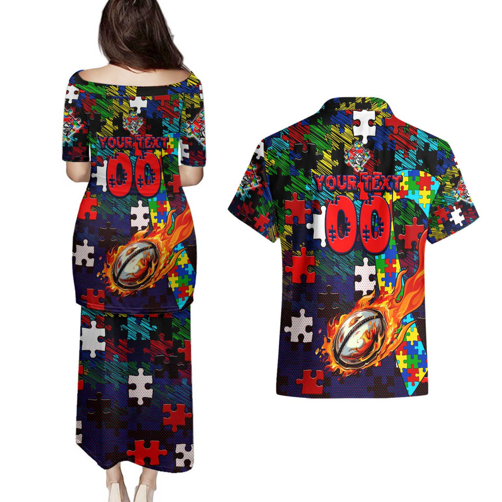 Knights Autism Awareness Couples Matching Puletasi and Hawaiian Shirt Puzzle Flames Rugby Ball