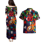 Knights Autism Awareness Couples Matching Puletasi and Hawaiian Shirt Puzzle Flames Rugby Ball