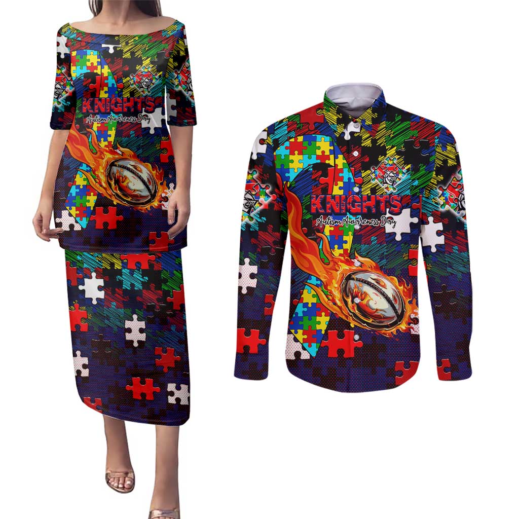 Knights Autism Awareness Couples Matching Puletasi and Long Sleeve Button Shirt Puzzle Flames Rugby Ball