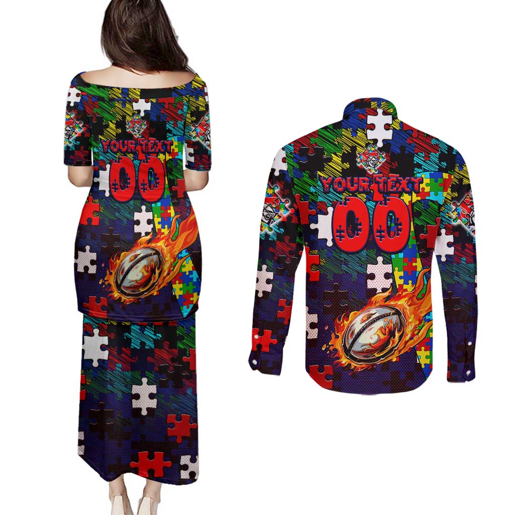 Knights Autism Awareness Couples Matching Puletasi and Long Sleeve Button Shirt Puzzle Flames Rugby Ball