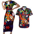 Knights Autism Awareness Couples Matching Short Sleeve Bodycon Dress and Hawaiian Shirt Puzzle Flames Rugby Ball