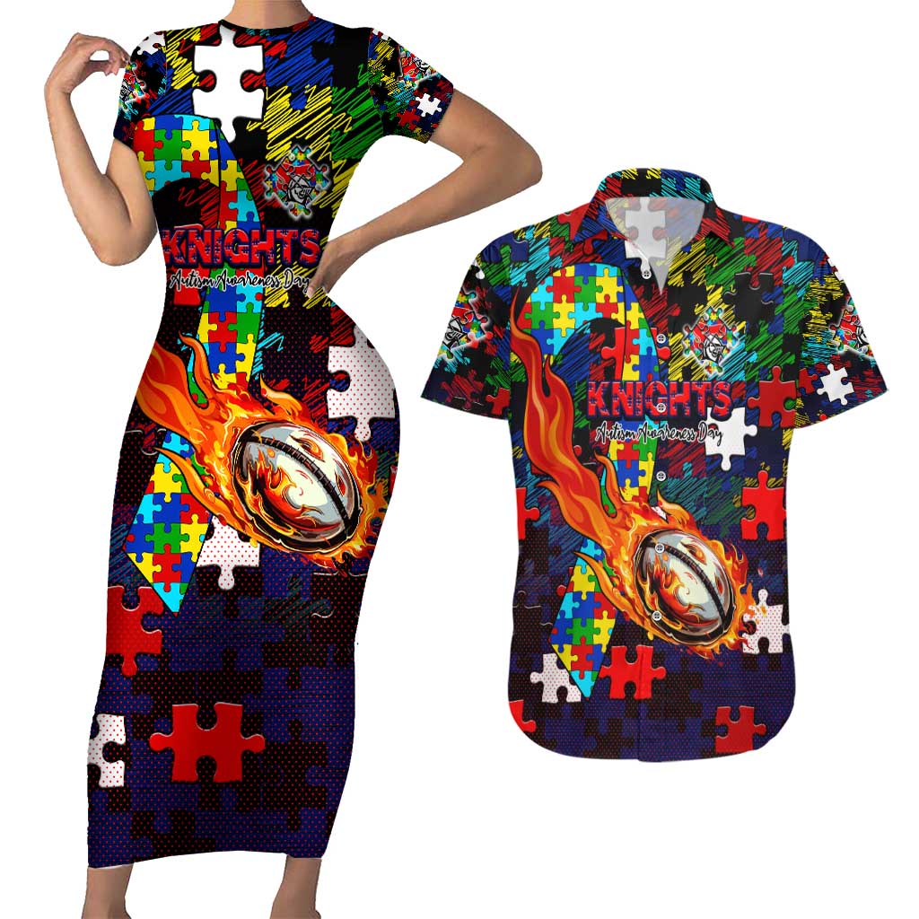 Knights Autism Awareness Couples Matching Short Sleeve Bodycon Dress and Hawaiian Shirt Puzzle Flames Rugby Ball