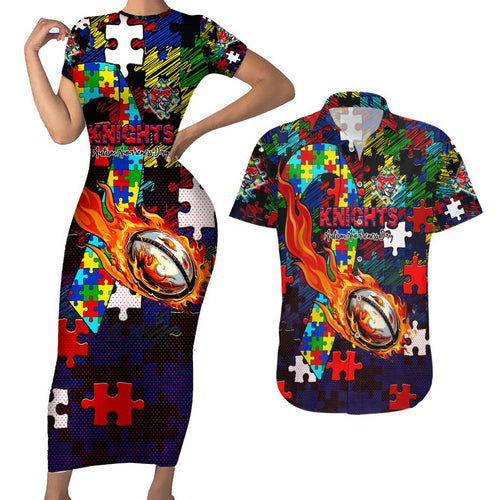 Knights Autism Awareness Couples Matching Short Sleeve Bodycon Dress and Hawaiian Shirt Puzzle Flames Rugby Ball