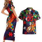 Knights Autism Awareness Couples Matching Short Sleeve Bodycon Dress and Hawaiian Shirt Puzzle Flames Rugby Ball