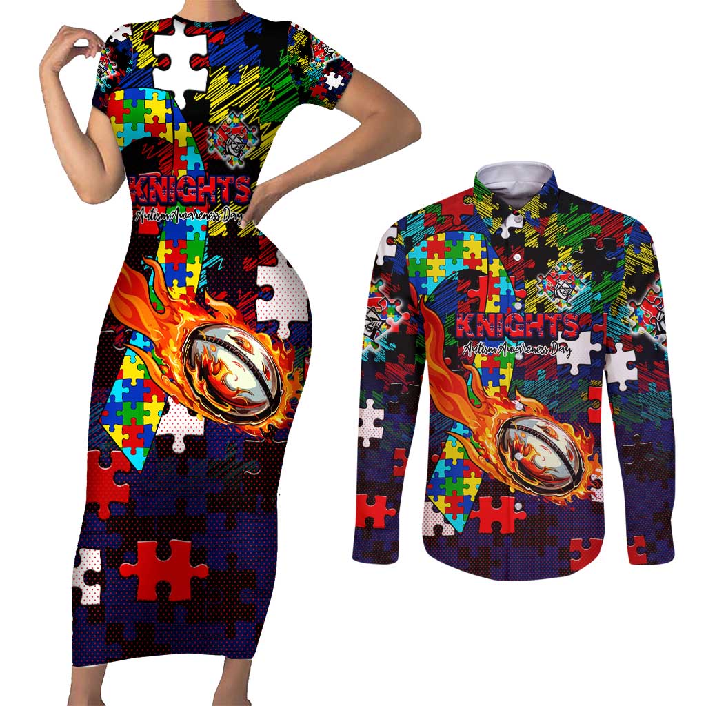 Knights Autism Awareness Couples Matching Short Sleeve Bodycon Dress and Long Sleeve Button Shirt Puzzle Flames Rugby Ball