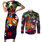Knights Autism Awareness Couples Matching Short Sleeve Bodycon Dress and Long Sleeve Button Shirt Puzzle Flames Rugby Ball