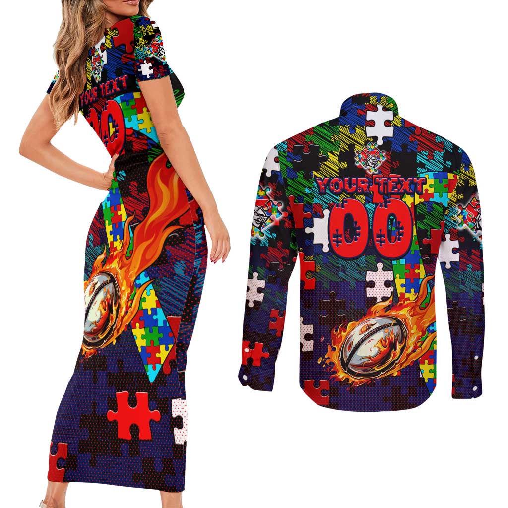Knights Autism Awareness Couples Matching Short Sleeve Bodycon Dress and Long Sleeve Button Shirt Puzzle Flames Rugby Ball