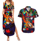 Knights Autism Awareness Couples Matching Summer Maxi Dress and Hawaiian Shirt Puzzle Flames Rugby Ball