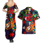 Knights Autism Awareness Couples Matching Summer Maxi Dress and Hawaiian Shirt Puzzle Flames Rugby Ball