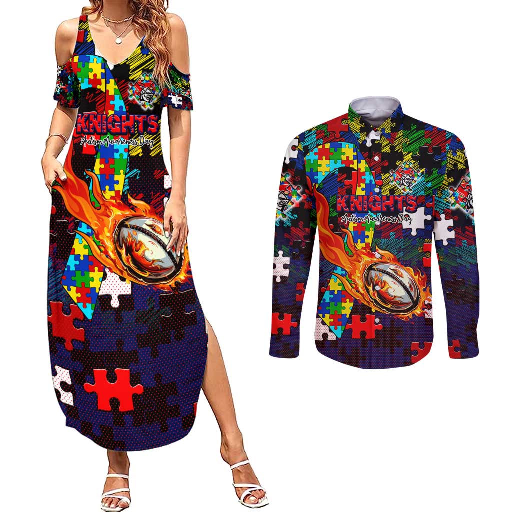 Knights Autism Awareness Couples Matching Summer Maxi Dress and Long Sleeve Button Shirt Puzzle Flames Rugby Ball
