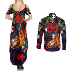 Knights Autism Awareness Couples Matching Summer Maxi Dress and Long Sleeve Button Shirt Puzzle Flames Rugby Ball