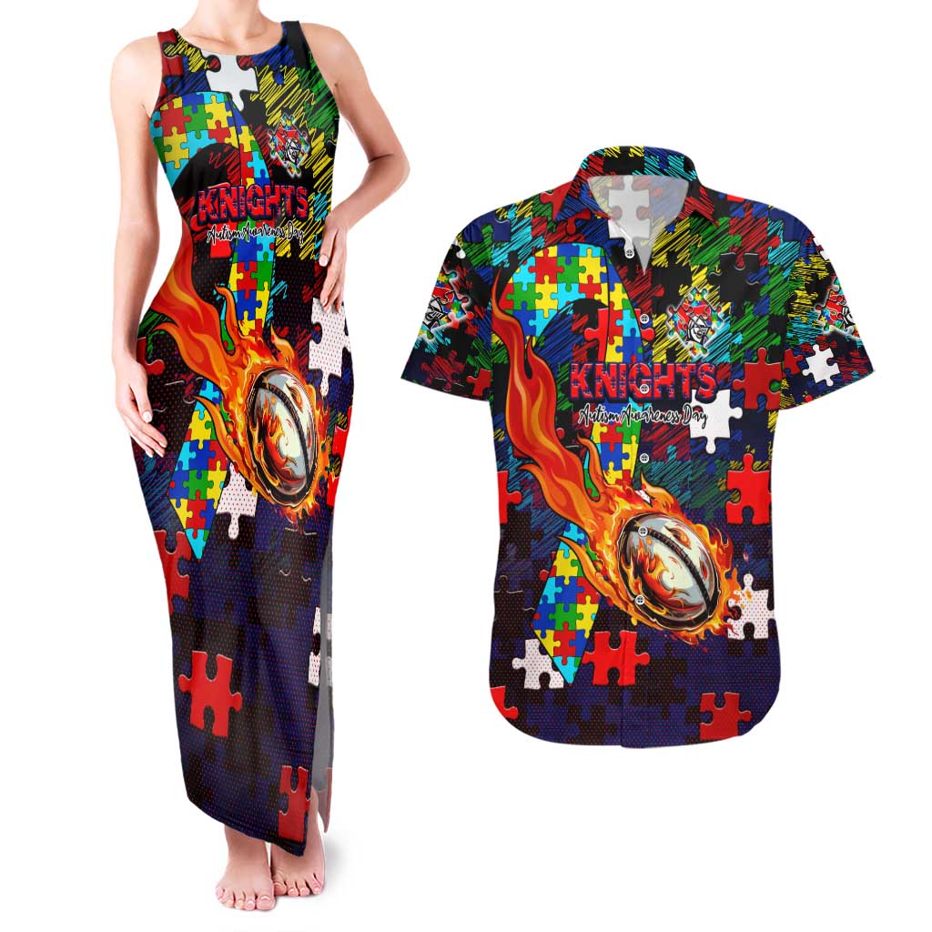 Knights Autism Awareness Couples Matching Tank Maxi Dress and Hawaiian Shirt Puzzle Flames Rugby Ball