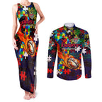 Knights Autism Awareness Couples Matching Tank Maxi Dress and Long Sleeve Button Shirt Puzzle Flames Rugby Ball