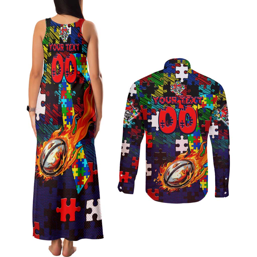 Knights Autism Awareness Couples Matching Tank Maxi Dress and Long Sleeve Button Shirt Puzzle Flames Rugby Ball
