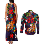 Knights Autism Awareness Couples Matching Tank Maxi Dress and Long Sleeve Button Shirt Puzzle Flames Rugby Ball