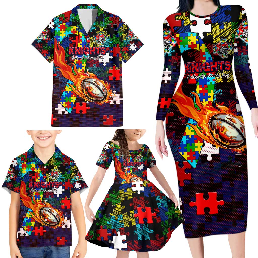 Knights Autism Awareness Family Matching Long Sleeve Bodycon Dress and Hawaiian Shirt Puzzle Flames Rugby Ball