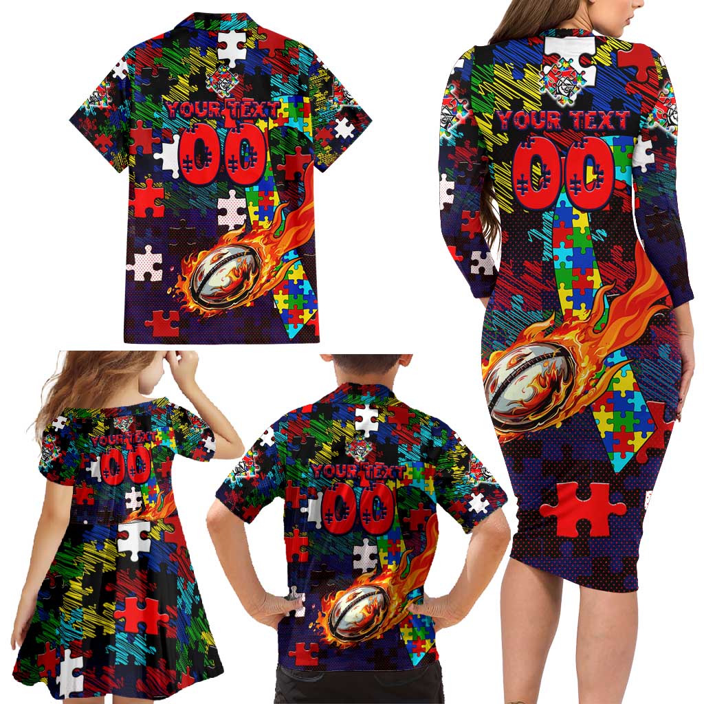 Knights Autism Awareness Family Matching Long Sleeve Bodycon Dress and Hawaiian Shirt Puzzle Flames Rugby Ball