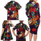 Knights Autism Awareness Family Matching Long Sleeve Bodycon Dress and Hawaiian Shirt Puzzle Flames Rugby Ball