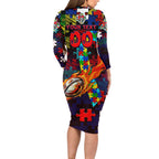 Knights Autism Awareness Family Matching Long Sleeve Bodycon Dress and Hawaiian Shirt Puzzle Flames Rugby Ball