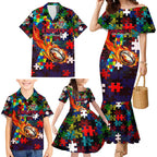Knights Autism Awareness Family Matching Mermaid Dress and Hawaiian Shirt Puzzle Flames Rugby Ball