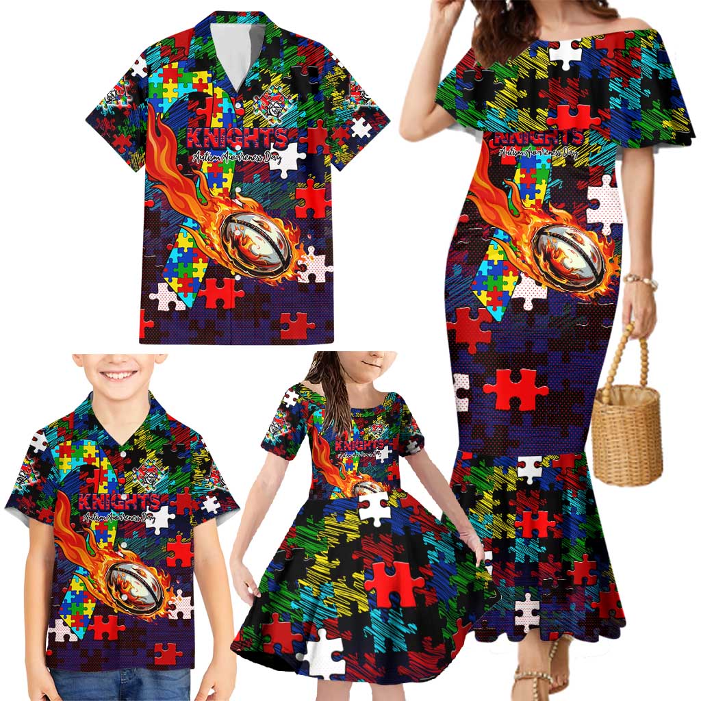 Knights Autism Awareness Family Matching Mermaid Dress and Hawaiian Shirt Puzzle Flames Rugby Ball