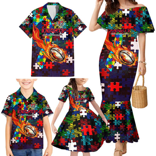Knights Autism Awareness Family Matching Mermaid Dress and Hawaiian Shirt Puzzle Flames Rugby Ball