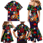 Knights Autism Awareness Family Matching Mermaid Dress and Hawaiian Shirt Puzzle Flames Rugby Ball