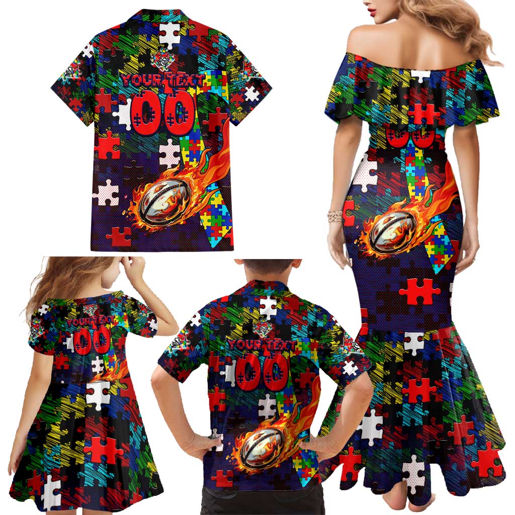 Knights Autism Awareness Family Matching Mermaid Dress and Hawaiian Shirt Puzzle Flames Rugby Ball