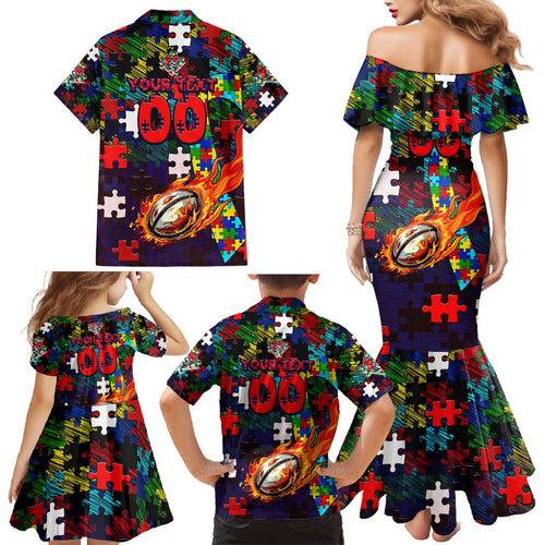 Knights Autism Awareness Family Matching Mermaid Dress and Hawaiian Shirt Puzzle Flames Rugby Ball
