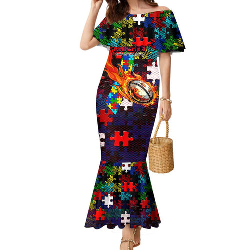 Knights Autism Awareness Family Matching Mermaid Dress and Hawaiian Shirt Puzzle Flames Rugby Ball