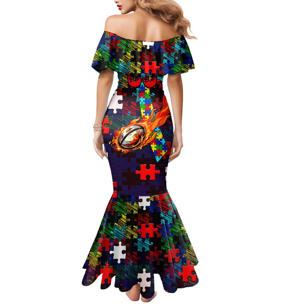 Knights Autism Awareness Family Matching Mermaid Dress and Hawaiian Shirt Puzzle Flames Rugby Ball