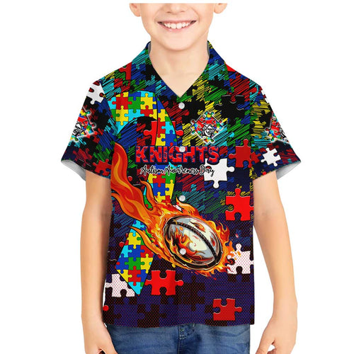 Knights Autism Awareness Family Matching Mermaid Dress and Hawaiian Shirt Puzzle Flames Rugby Ball