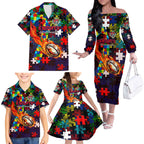 Knights Autism Awareness Family Matching Off The Shoulder Long Sleeve Dress and Hawaiian Shirt Puzzle Flames Rugby Ball
