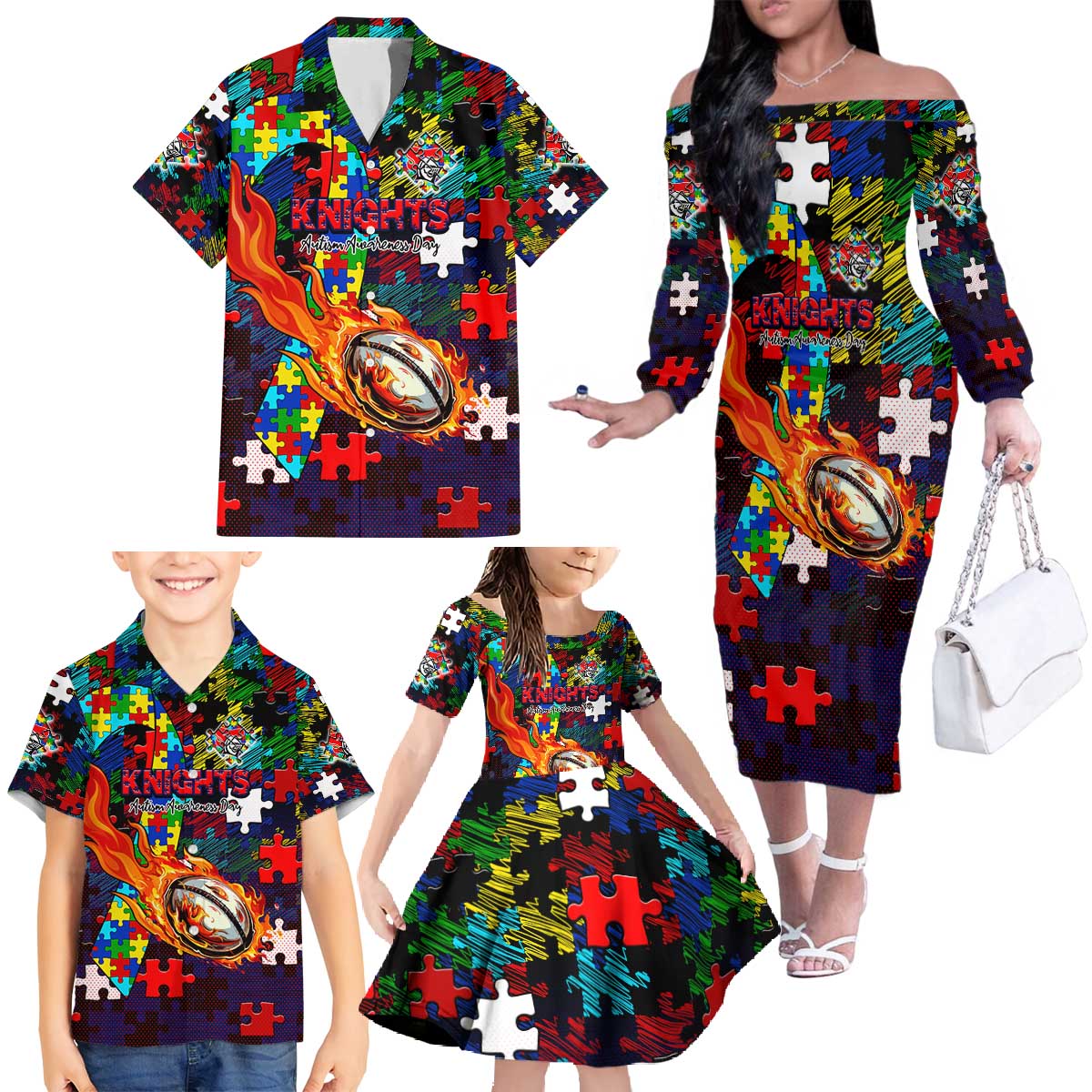 Knights Autism Awareness Family Matching Off The Shoulder Long Sleeve Dress and Hawaiian Shirt Puzzle Flames Rugby Ball