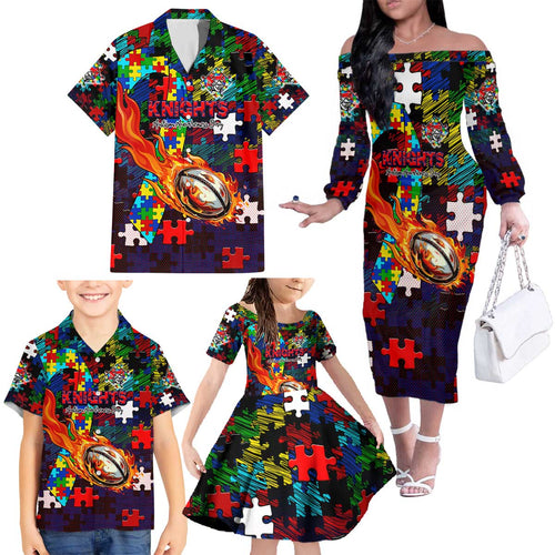 Knights Autism Awareness Family Matching Off The Shoulder Long Sleeve Dress and Hawaiian Shirt Puzzle Flames Rugby Ball