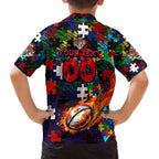 Knights Autism Awareness Family Matching Off The Shoulder Long Sleeve Dress and Hawaiian Shirt Puzzle Flames Rugby Ball