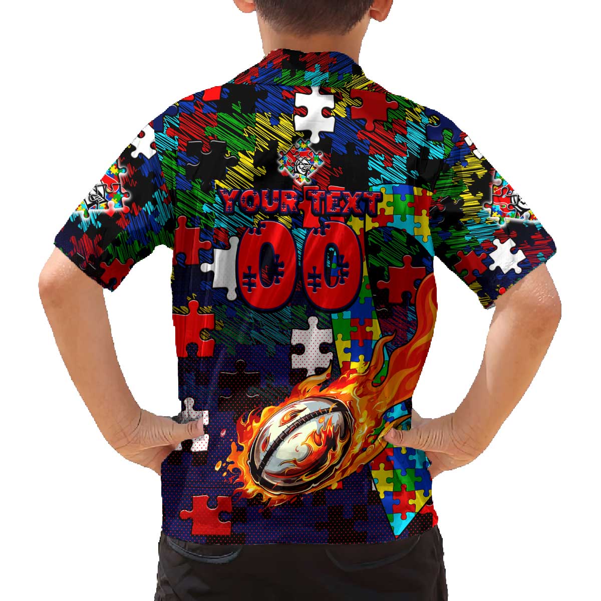 Knights Autism Awareness Family Matching Off The Shoulder Long Sleeve Dress and Hawaiian Shirt Puzzle Flames Rugby Ball