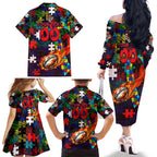 Knights Autism Awareness Family Matching Off The Shoulder Long Sleeve Dress and Hawaiian Shirt Puzzle Flames Rugby Ball