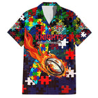 Knights Autism Awareness Family Matching Off The Shoulder Long Sleeve Dress and Hawaiian Shirt Puzzle Flames Rugby Ball