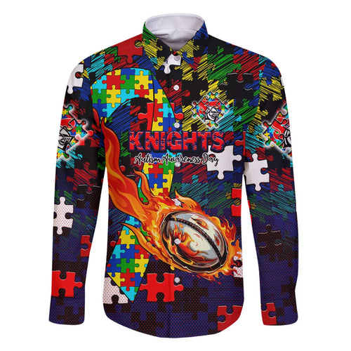 Knights Autism Awareness Family Matching Off The Shoulder Long Sleeve Dress and Hawaiian Shirt Puzzle Flames Rugby Ball