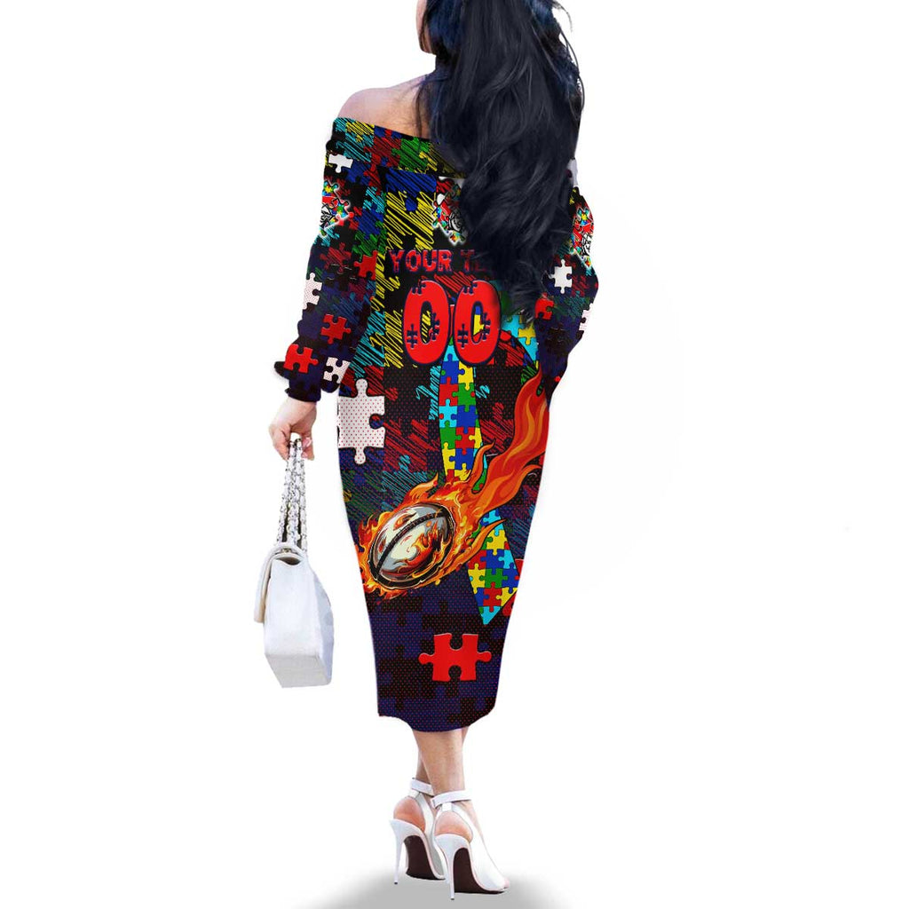 Knights Autism Awareness Family Matching Off The Shoulder Long Sleeve Dress and Hawaiian Shirt Puzzle Flames Rugby Ball