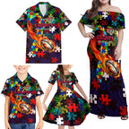 Knights Autism Awareness Family Matching Off Shoulder Maxi Dress and Hawaiian Shirt Puzzle Flames Rugby Ball